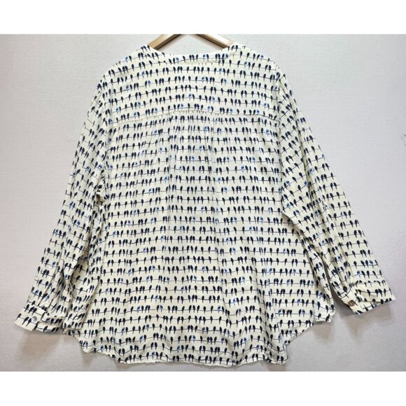 Jane And Delancey Button Front Blouse Women 3X White Bird Print Roll Tab Sleeves - Picture 11 of 12